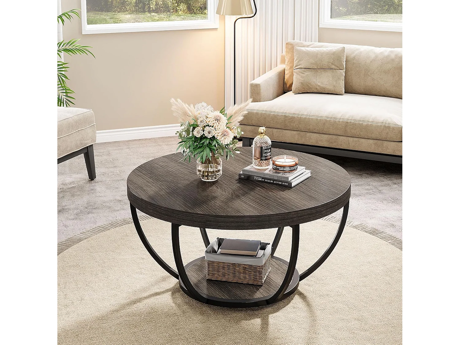 Table basse ronde, table basse industrielle à 2 niveaux avec étagères de rangement, accent moderne en bois central