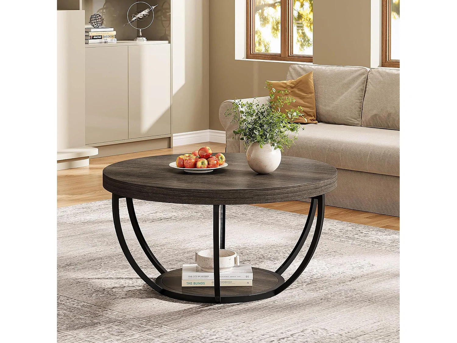 Table basse ronde, table basse industrielle à 2 niveaux avec étagères de rangement, accent moderne en bois central