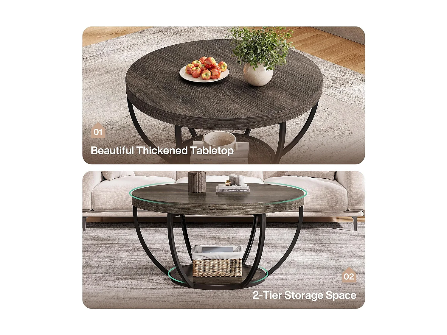 Table basse ronde, table basse industrielle à 2 niveaux avec étagères de rangement, accent moderne en bois central