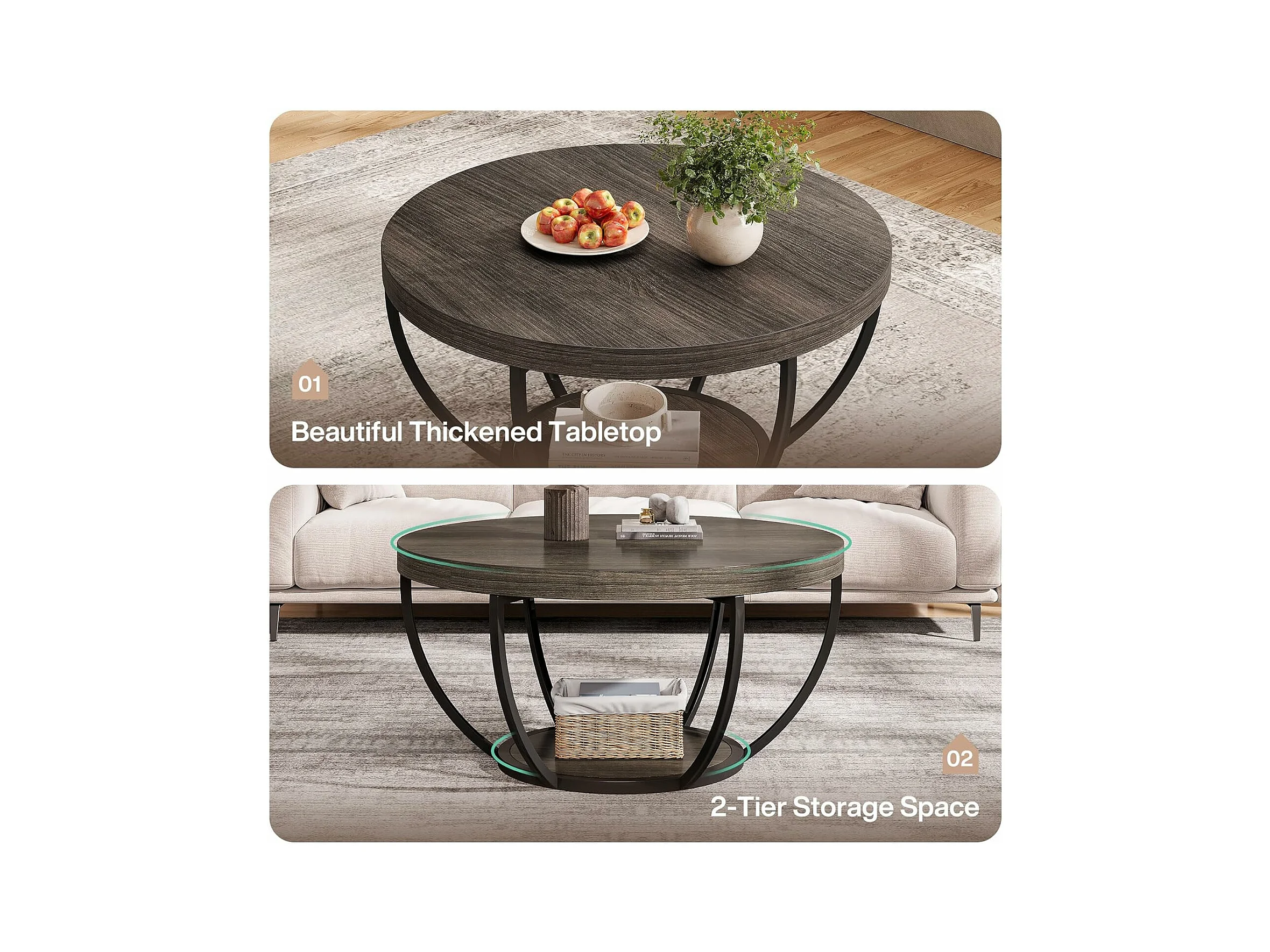 Set Di Tavolini Da Caffè Rotondi A Incastro In Legno Grigio E Metallo Nero, Tavolo Da Salotto Morno Allungabile 80 Cm｜Homary