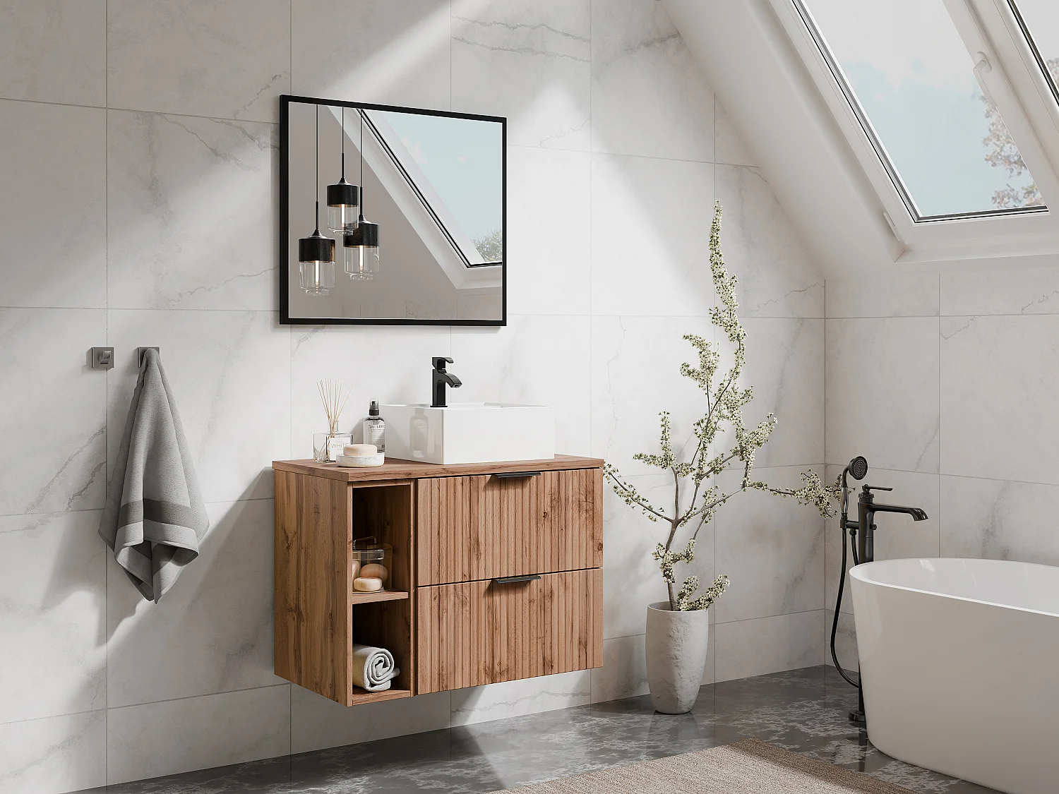 Meuble de salle de bain suspendu strié avec niches et vasque à poser carrée - Naturel clair - L80 cm - ZEVARA