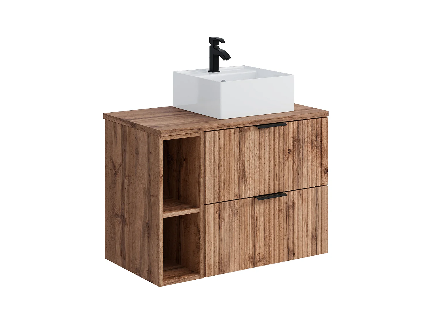 Geribbeld hangmeubel voor badkamer met nissen en vierkante opbouwwastafel - Licht naturel - L80 cm - ZEVARA