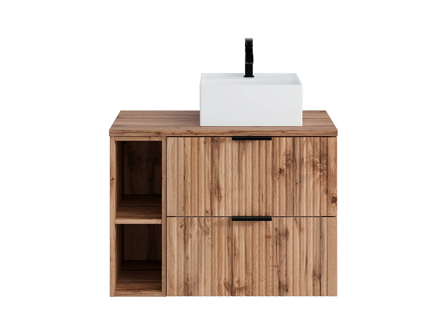Geribbeld hangmeubel voor badkamer met nissen en vierkante opbouwwastafel - Licht naturel - L80 cm - ZEVARA