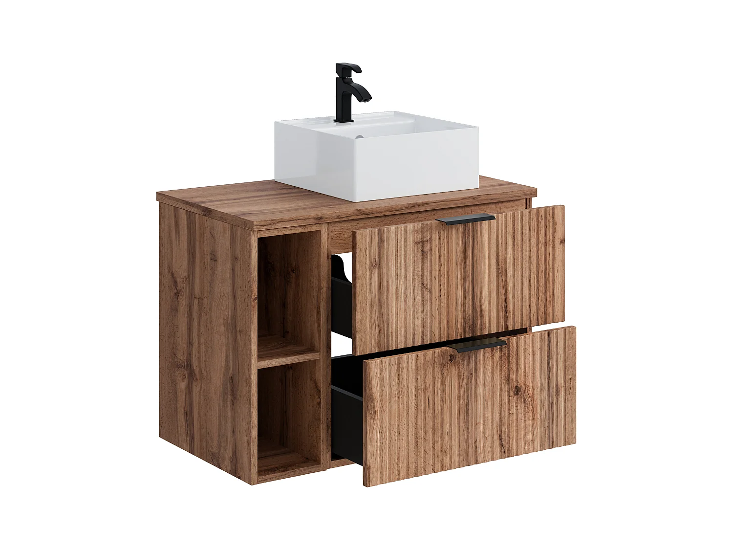 Geribbeld hangmeubel voor badkamer met nissen en vierkante opbouwwastafel - Licht naturel - L80 cm - ZEVARA