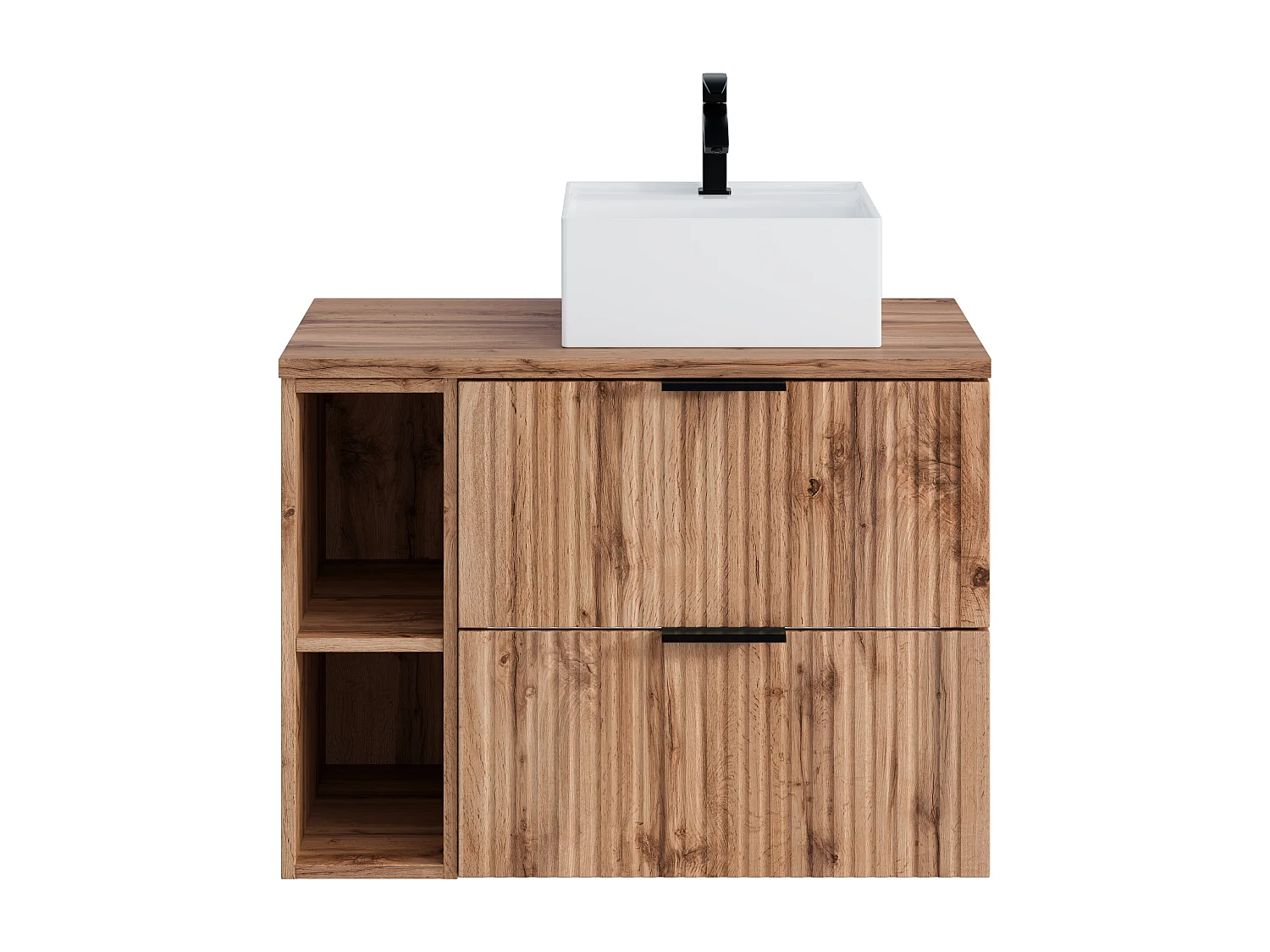 Geribbeld hangmeubel voor badkamer met nissen en vierkante opbouwwastafel - Licht naturel - L80 cm - ZEVARA