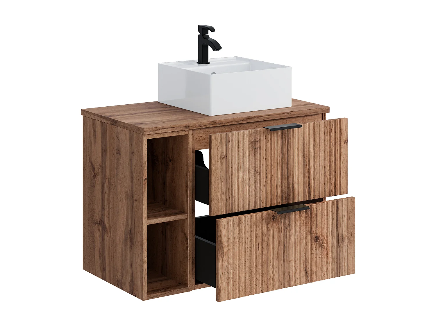 Geribbeld hangmeubel voor badkamer met nissen en vierkante opbouwwastafel - Licht naturel - L80 cm - ZEVARA