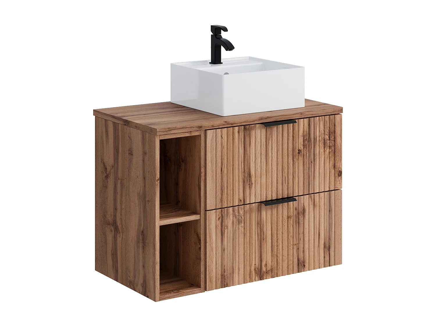 Geribbeld hangmeubel voor badkamer met nissen en vierkante opbouwwastafel - Licht naturel - L80 cm - ZEVARA