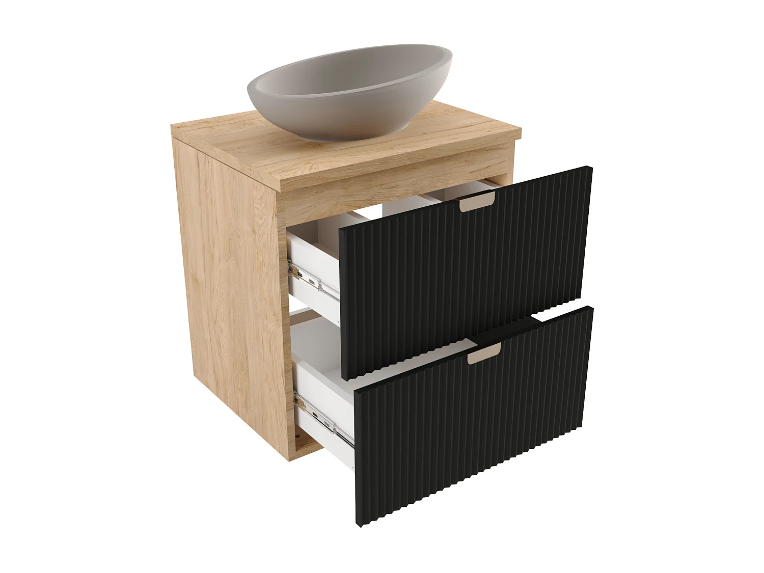 Meuble lavabo WENA, façades cannelées, Willy, 60x60x47 cm, Noir/Noyer