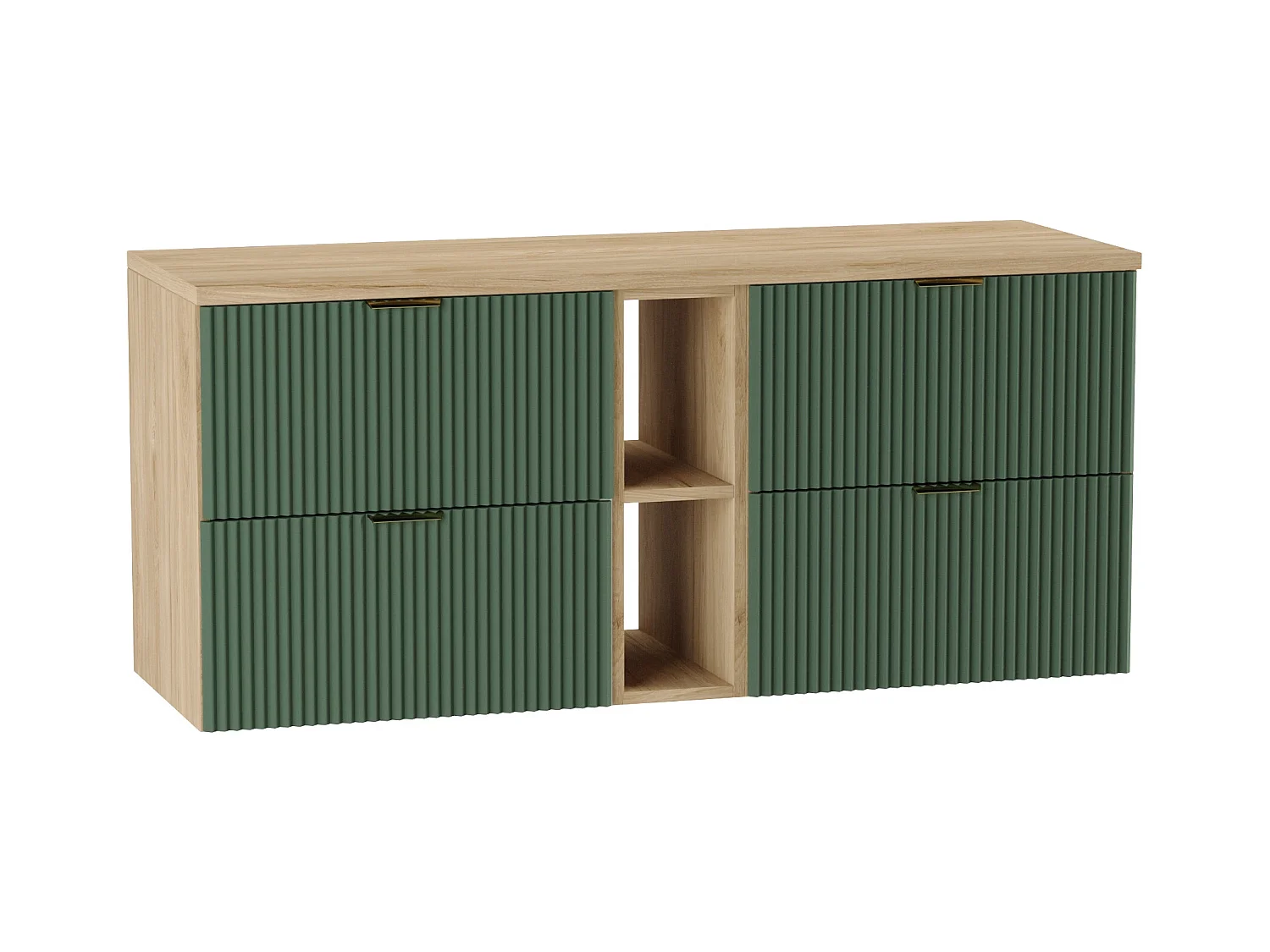 Meuble lavabo WENA, avec étagère, façades cannelées, Willy, 140x60x47 cm, Vert/Noyer