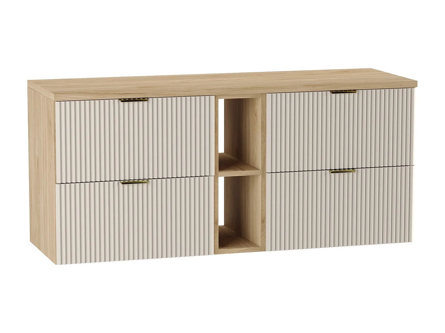 Meuble lavabo WENA, avec étagère, façades cannelées, Willy, 140x60x47 cm, Cachemire/Noyer