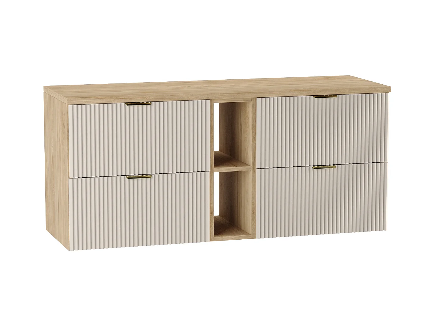 Meuble lavabo WENA, avec étagère, façades cannelées, Willy, 140x60x47 cm, Cachemire/Noyer