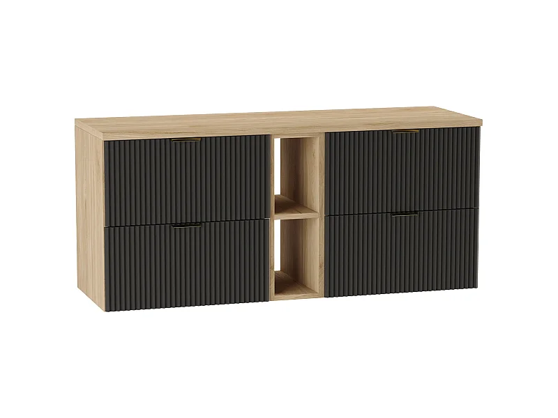 Waschtischunterschrank WENA, mit Regal, geriffelte Fronten, Willy, 140x60x47 cm, Schwarz/Walnuss