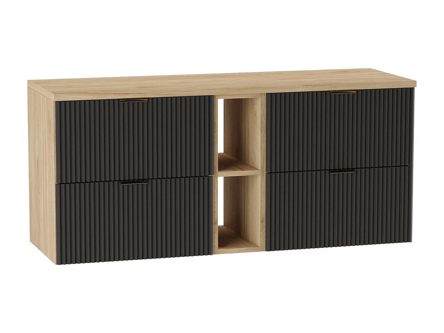 Waschtischunterschrank WENA, mit Regal, geriffelte Fronten, Willy, 140x60x47 cm, Schwarz/Walnuss