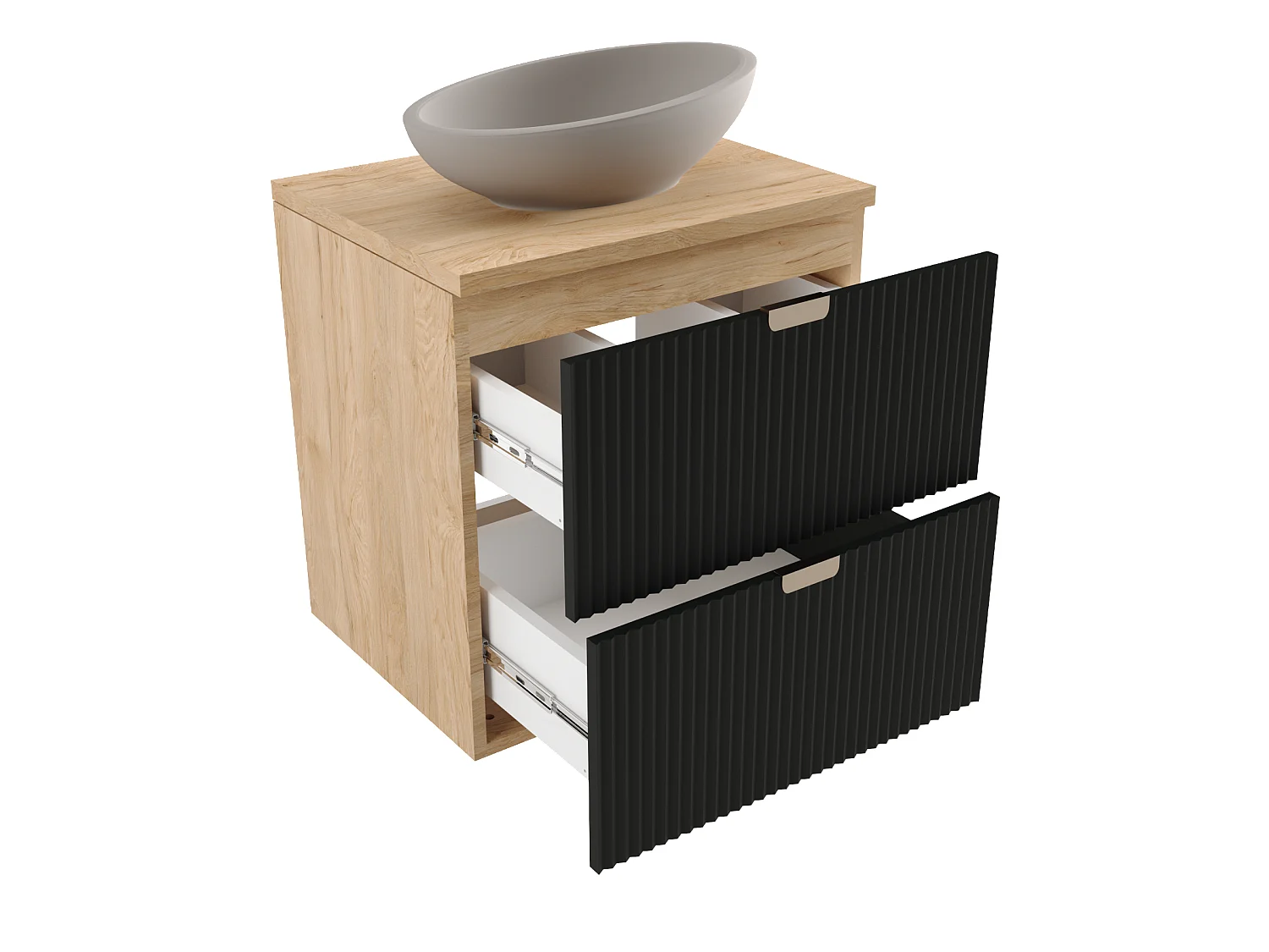 Waschtischunterschrank WENA, mit Regal, geriffelte Fronten, Willy, 140x60x47 cm, Schwarz/Walnuss