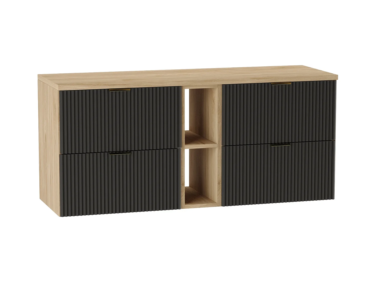Meuble lavabo WENA, avec étagère, façades cannelées, Willy, 140x60x47 cm, Noir/Noyer