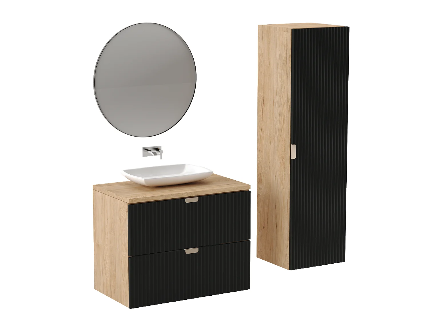 Meuble lavabo WENA, façades cannelées, Willy, 80x60x47 cm, Noir/Noyer