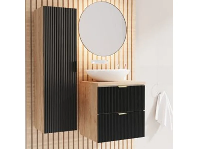 Meuble lavabo WENA, façades cannelées, Willy, 80x60x47 cm, Noir/Noyer