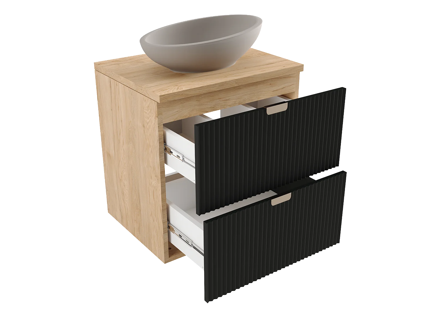 Meuble lavabo WENA, façades cannelées, Willy, 80x60x47 cm, Noir/Noyer