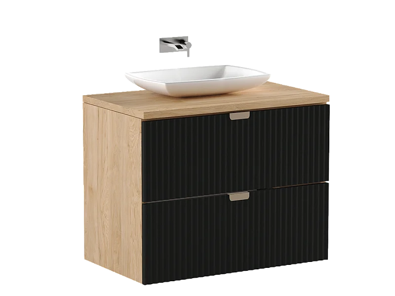 Meuble lavabo WENA, façades cannelées, Willy, 80x60x47 cm, Noir/Noyer