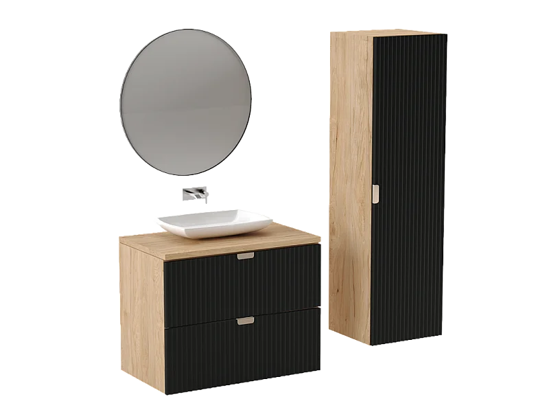 Meuble lavabo WENA, façades cannelées, Willy, 80x60x47 cm, Noir/Noyer