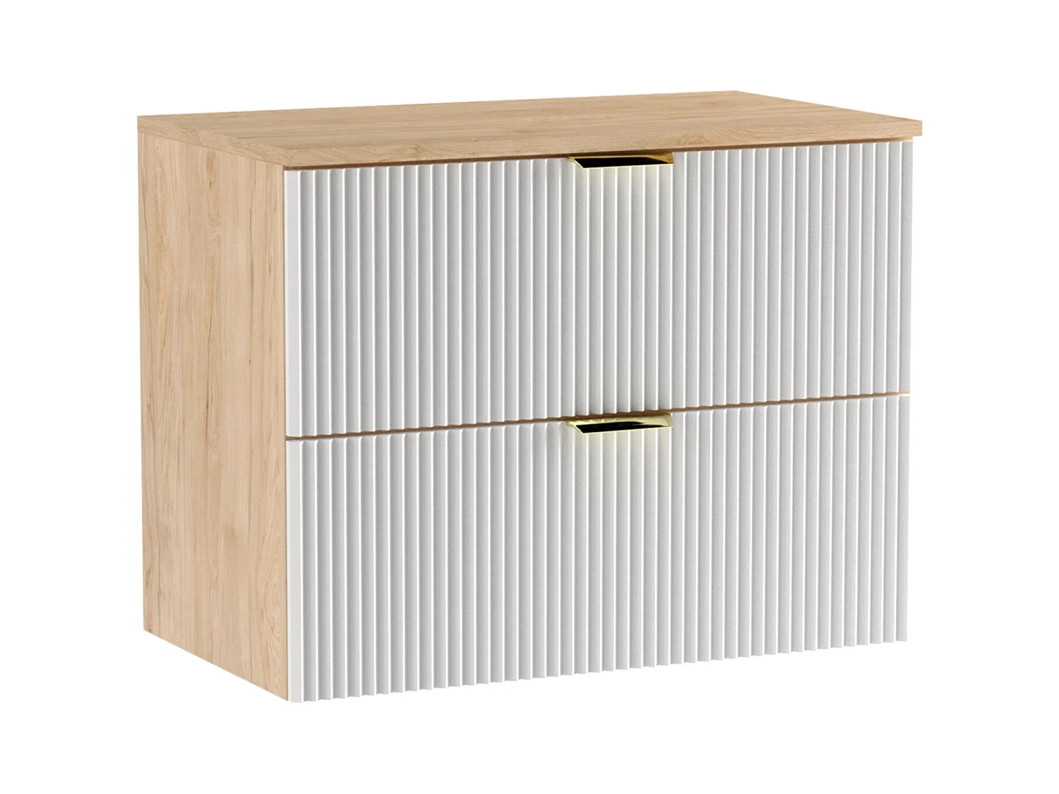 Meuble lavabo WENA, façades cannelées, Willy, 80x60x47 cm, Blanc/Noyer
