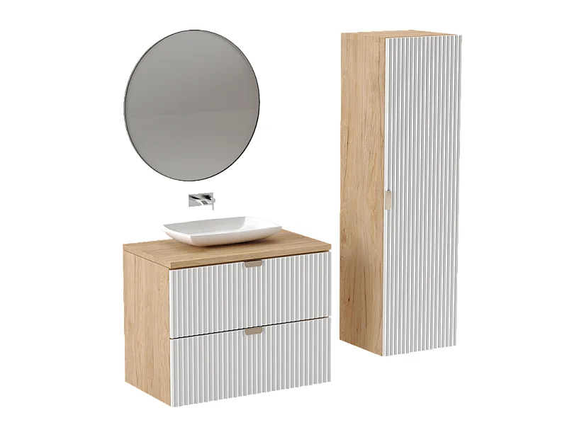 Mobile da bagno per lavabo WENA, frontali scanalati, Willy, 80x60x47 cm, Bianco/Noce