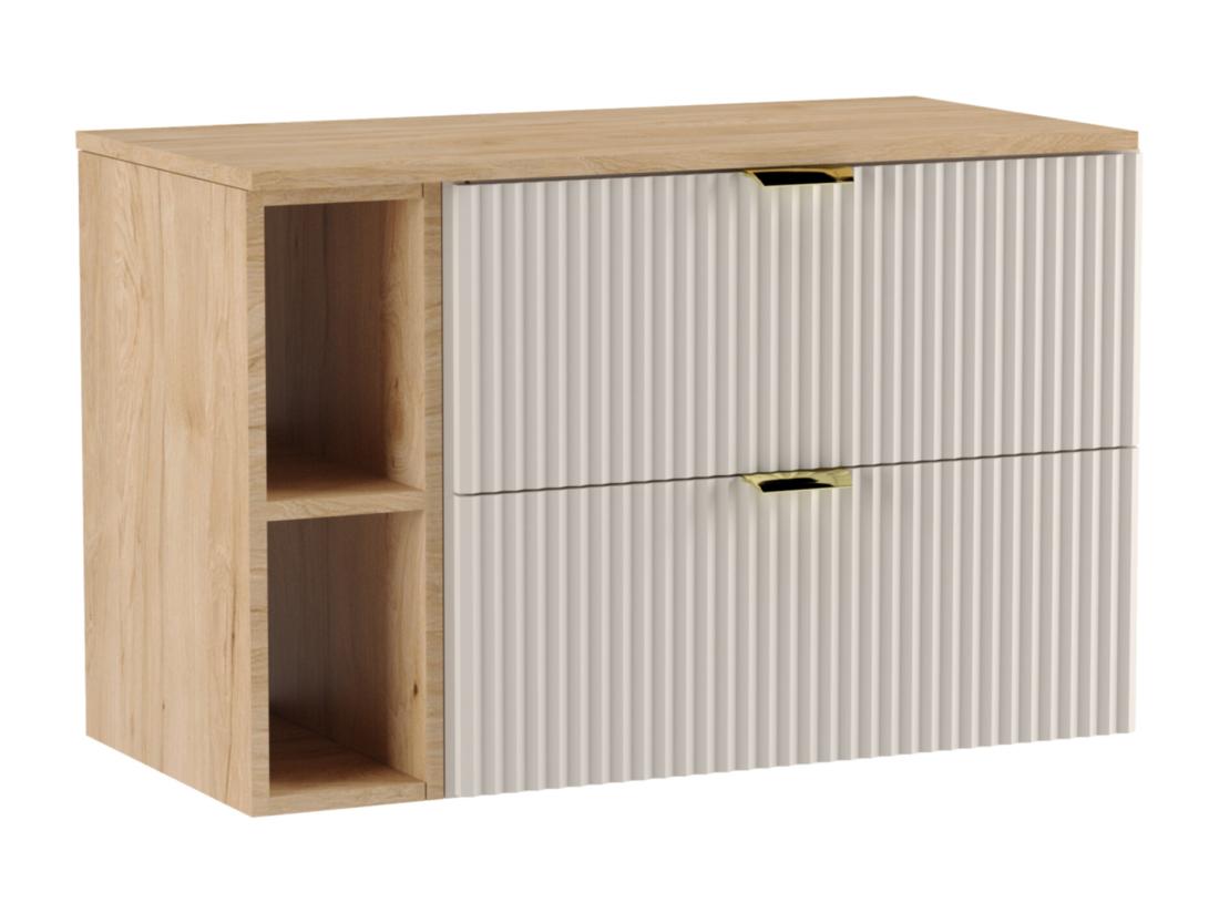 vente unique Meuble lavabo WENA avec étagère façades cannelées Willy 100x60x47 cm Cachemire/Noyer