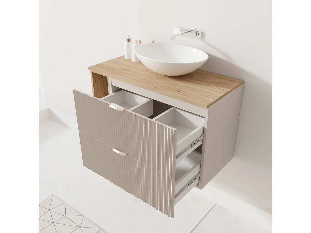 Meuble lavabo WENA, avec étagère, façades cannelées, Willy, 100x60x47 cm, Cachemire/Noyer