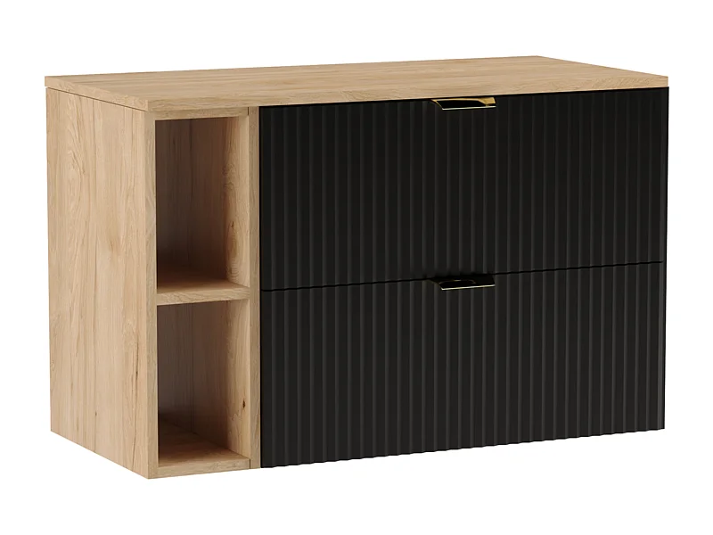 Waschtischunterschrank WENA, mit Regal, geriffelte Fronten, Willy, 100x60x47 cm, Schwarz/Walnuss