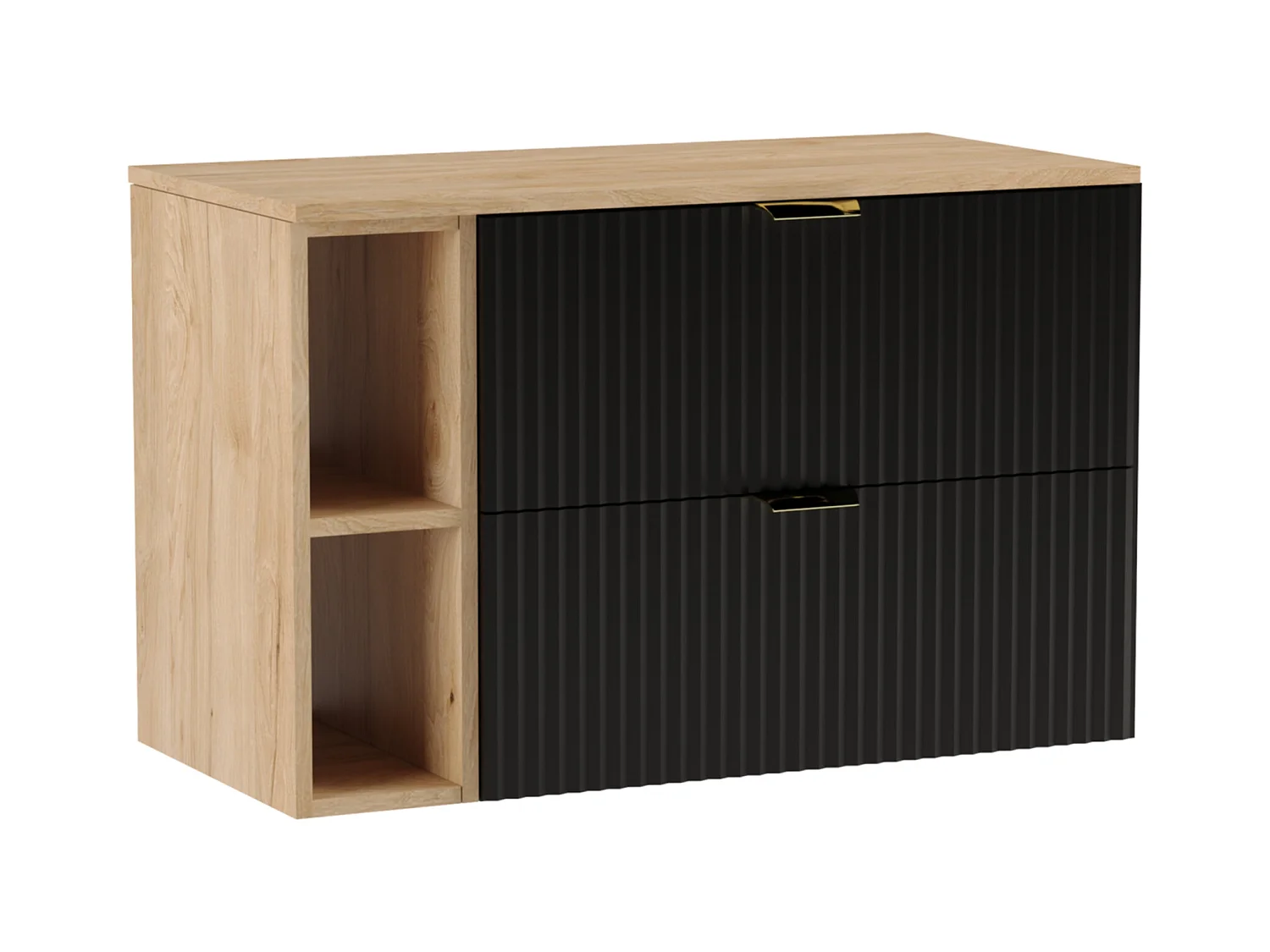 Meuble lavabo WENA, avec étagère, façades cannelées, Willy, 100x60x47 cm, Noir/Noyer