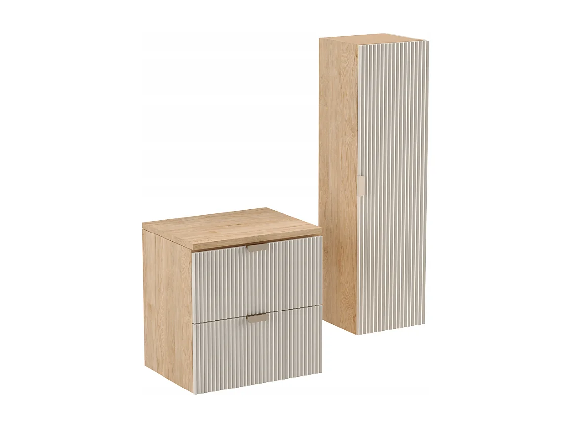 Meuble lavabo WENA, façades cannelées, Willy, 60x60x47 cm, Cachemire/Noyer