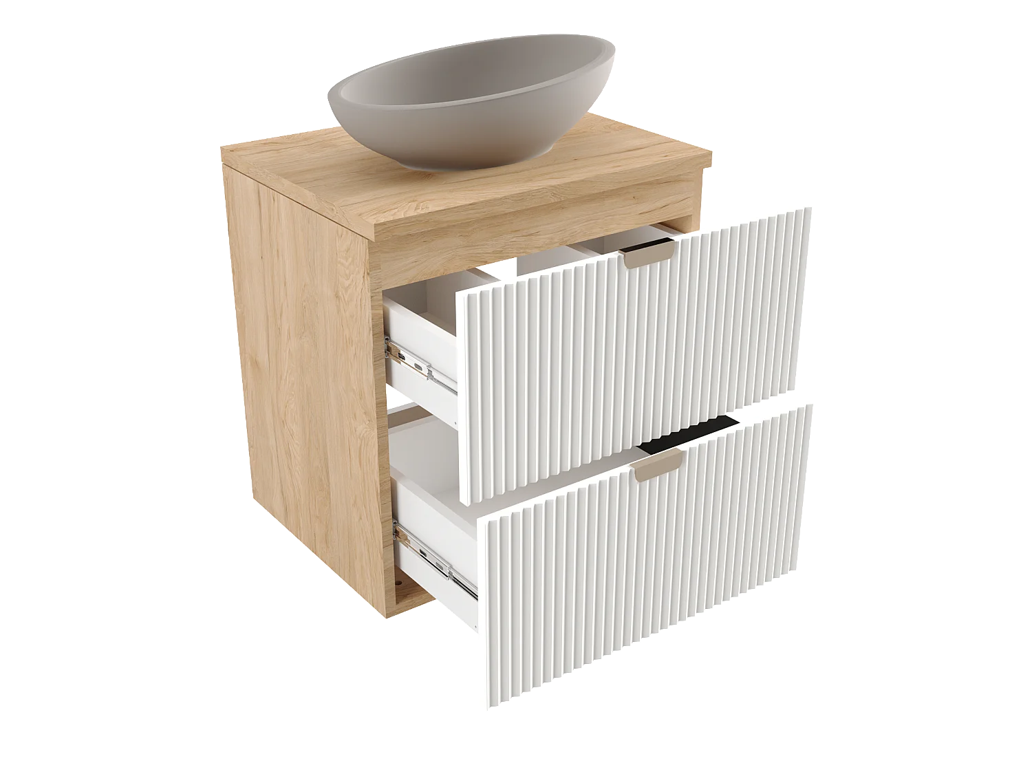 Meuble lavabo WENA, façades cannelées, Willy, 120x60x47 cm, Blanc/Noyer