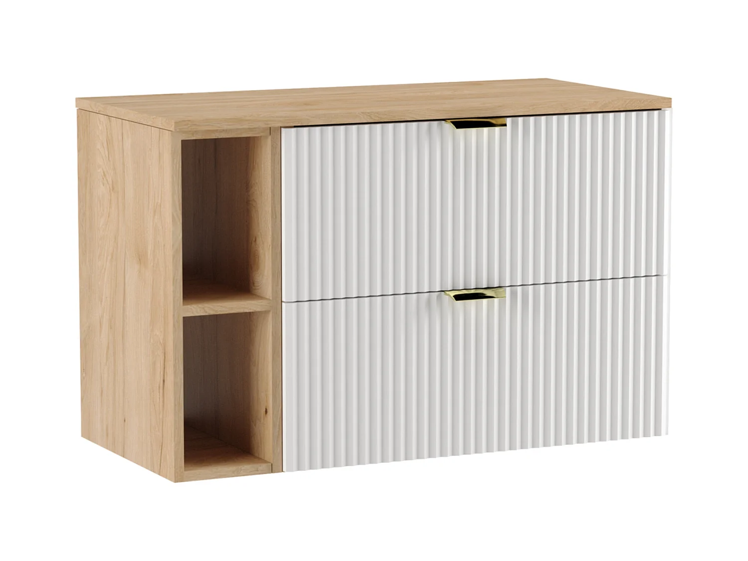 Meuble lavabo WENA, avec étagère, façades cannelées, Willy, 100x60x47 cm, Blanc/Noyer