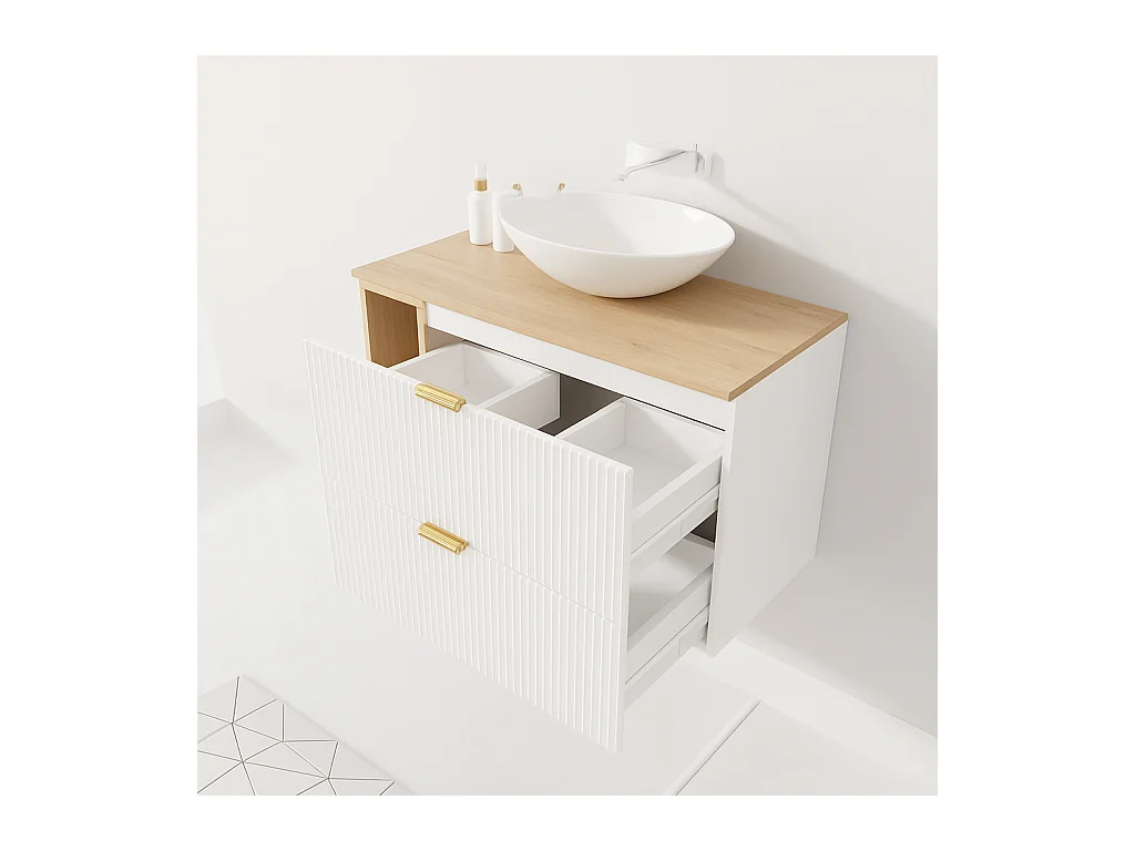 Waschtischunterschrank WENA, mit Regal, geriffelte Fronten, Willy, 100x60x47 cm, Weiß/Walnuss