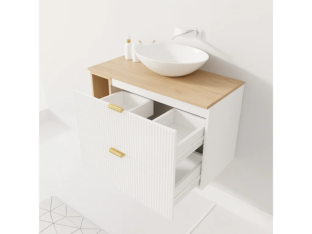 Meuble lavabo WENA, avec étagère, façades cannelées, Willy, 100x60x47 cm, Blanc/Noyer