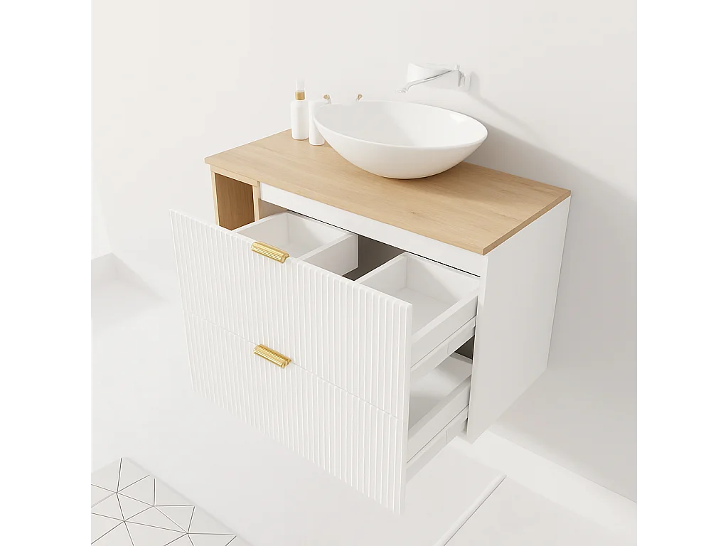 Meuble lavabo WENA, avec étagère, façades cannelées, Willy, 100x60x47 cm, Blanc/Noyer