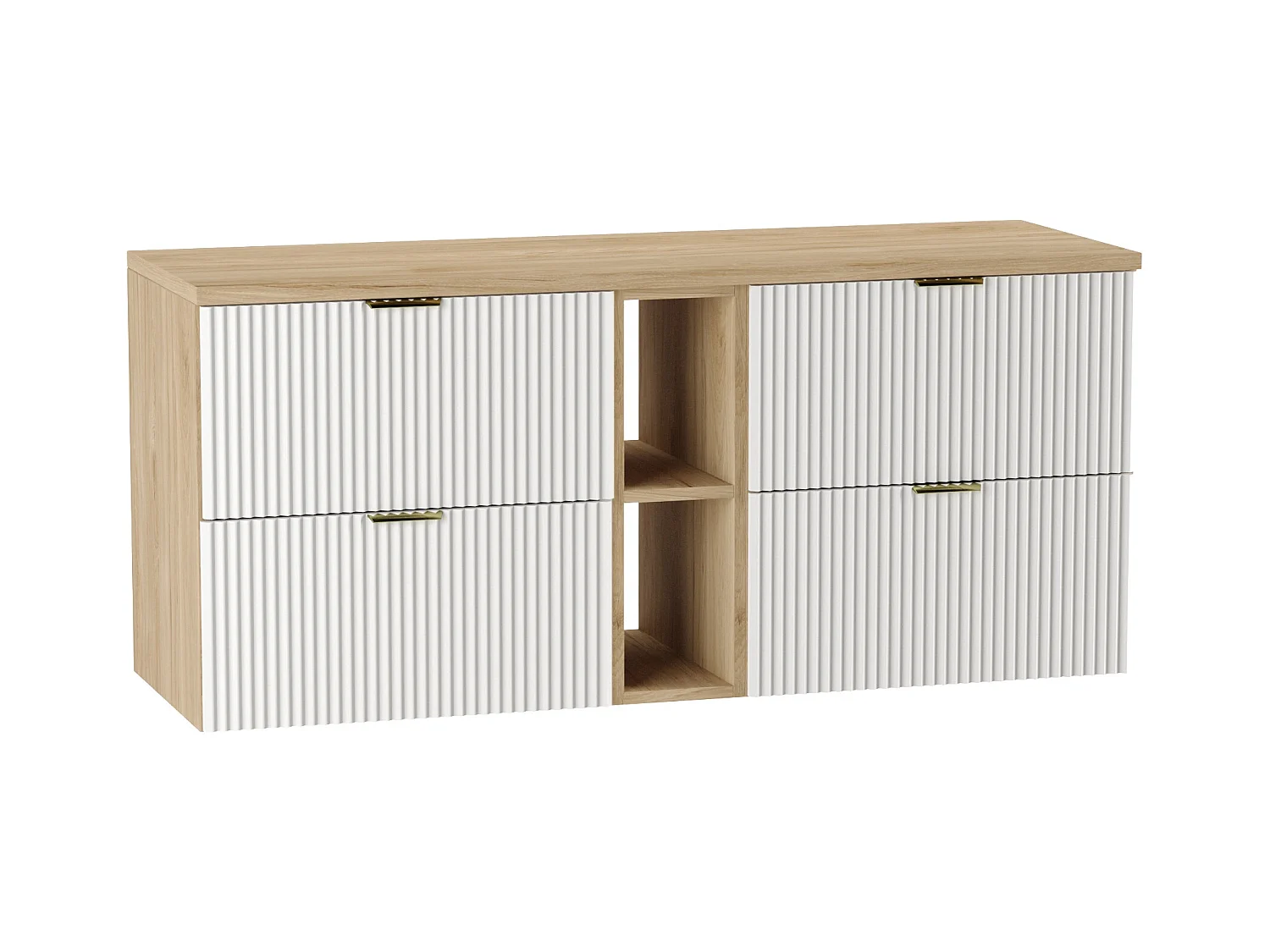 Meuble lavabo WENA, avec étagère, façades cannelées, Willy, 140x60x47 cm, Blanc/Noyer
