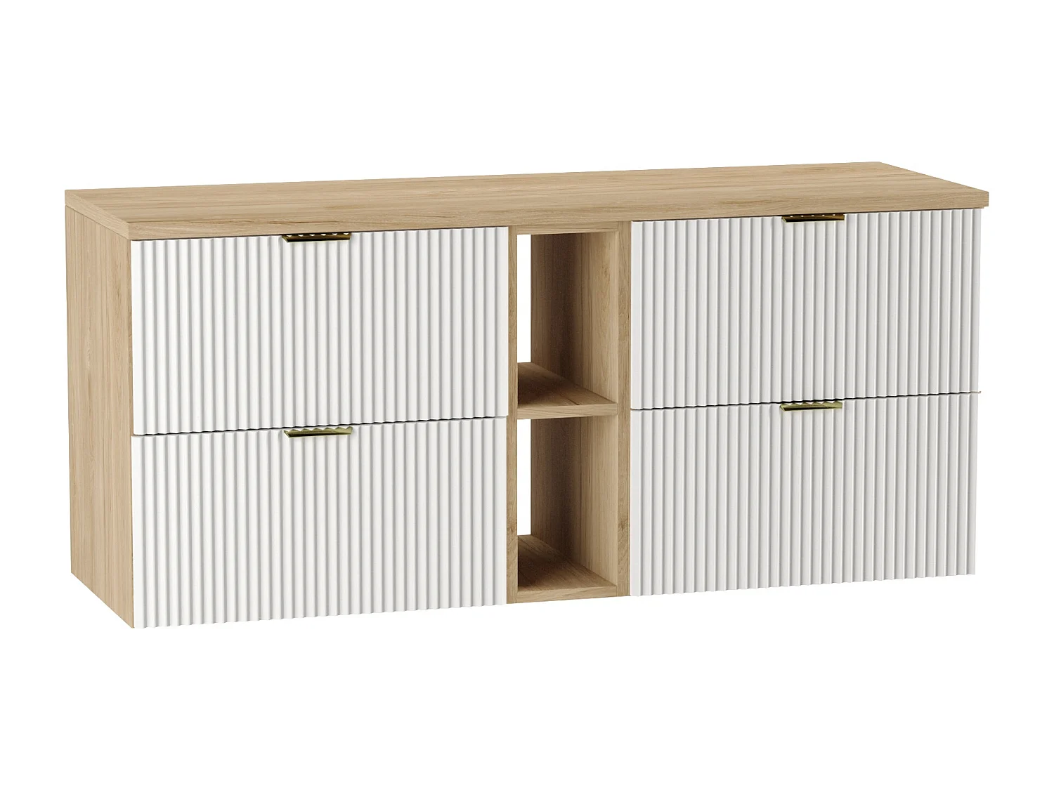 Meuble lavabo WENA, avec étagère, façades cannelées, Willy, 140x60x47 cm, Blanc/Noyer