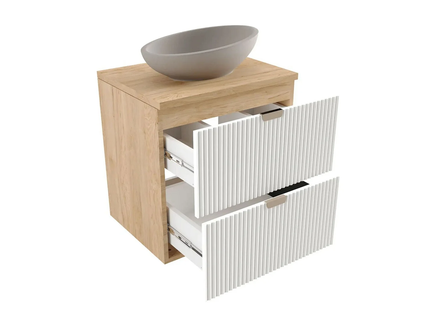 Meuble lavabo WENA, façades cannelées, Willy, 60x60x47 cm, Blanc/Noyer