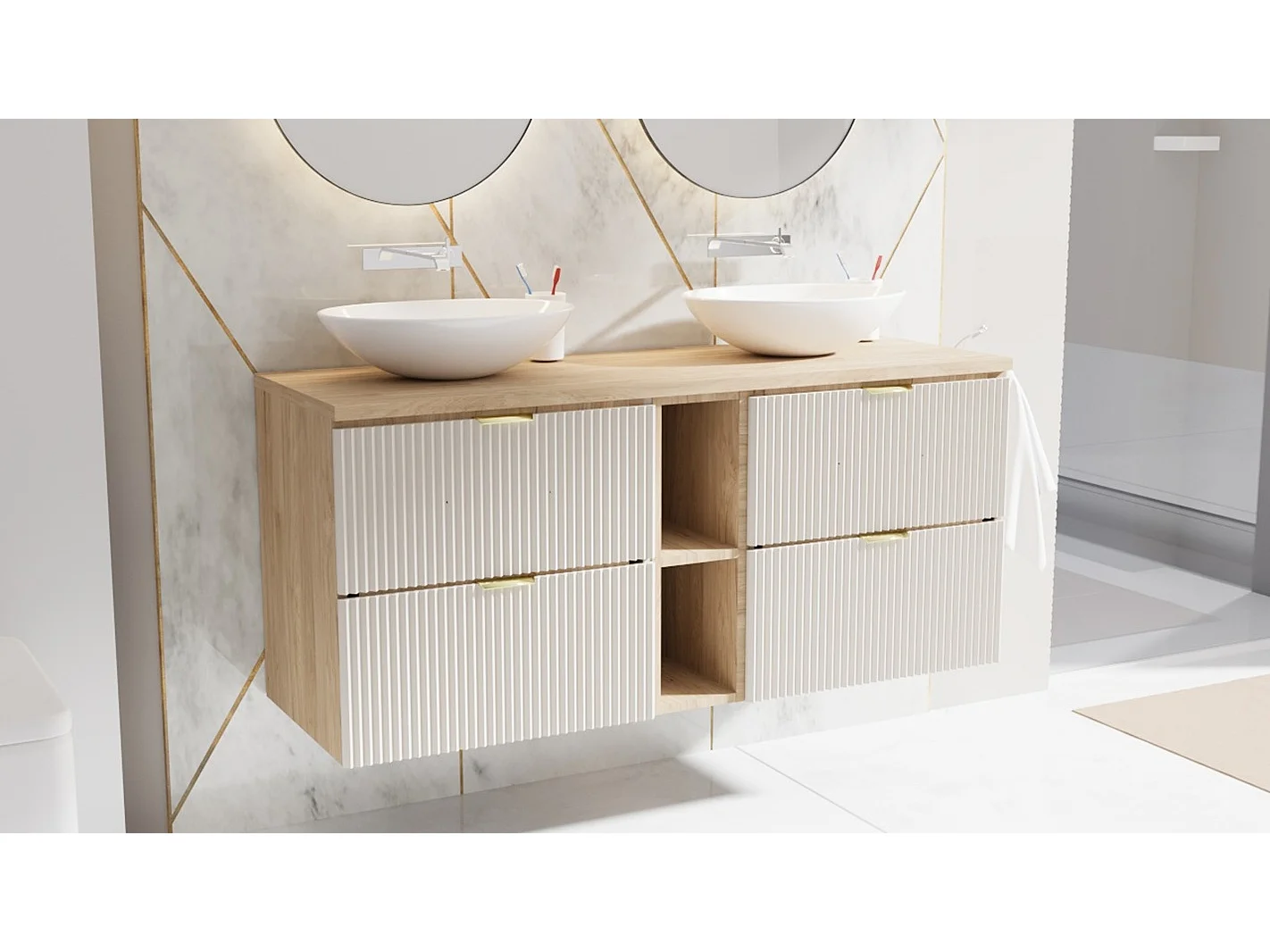 Mobile da bagno per lavabo WENA, frontali scanalati, Willy, 60x60x47 cm, Bianco/Noce