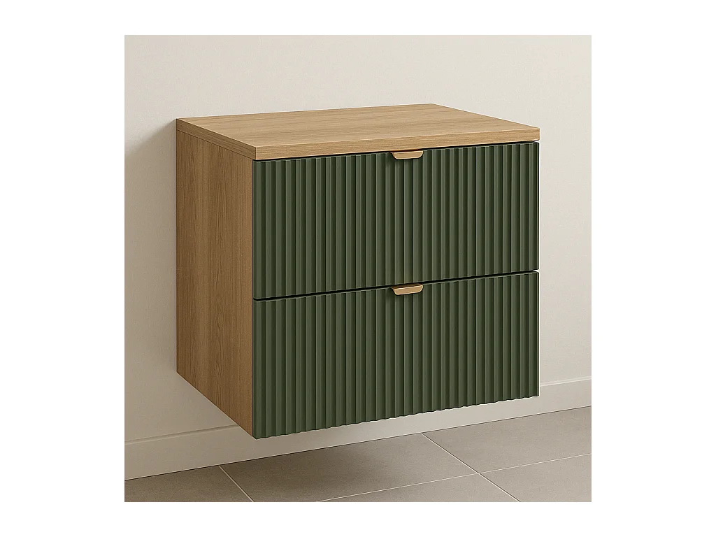 Meuble lavabo WENA, façades cannelées, Willy, 60x60x47 cm, Vert/Noyer