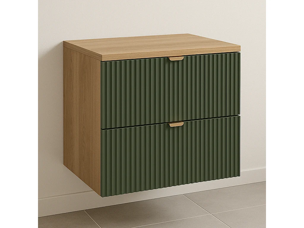 Meuble lavabo WENA, façades cannelées, Willy, 60x60x47 cm, Vert/Noyer