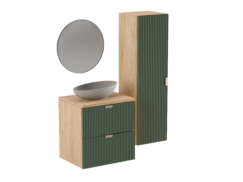 Meuble lavabo WENA, façades cannelées, Willy, 60x60x47 cm, Vert/Noyer
