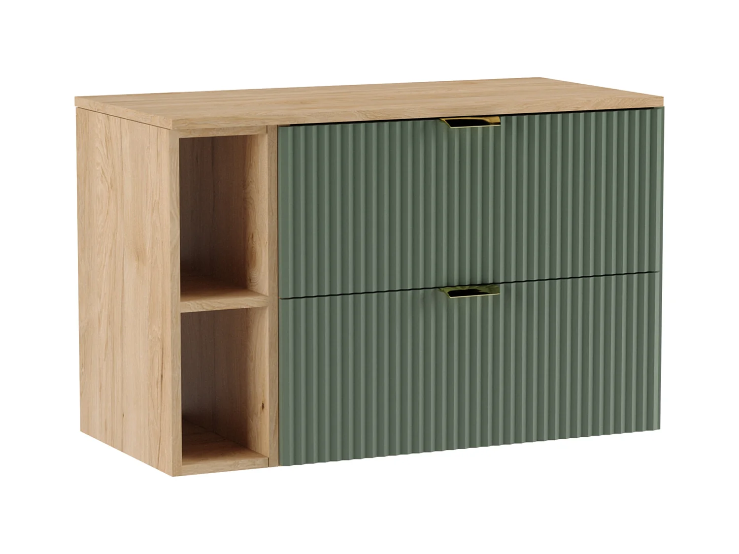 Meuble lavabo WENA, avec étagère, façades cannelées, Willy, 100x60x47 cm, Vert/Noyer