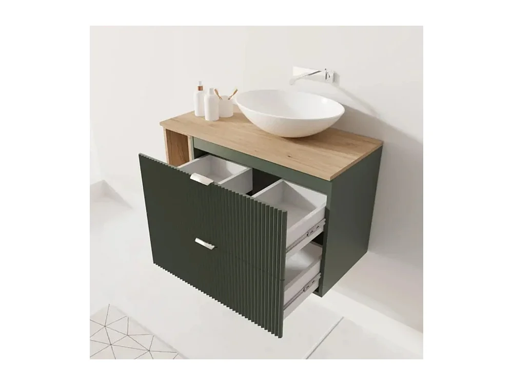 Meuble lavabo WENA, avec étagère, façades cannelées, Willy, 100x60x47 cm, Vert/Noyer