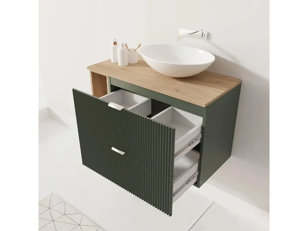 Meuble lavabo WENA, avec étagère, façades cannelées, Willy, 100x60x47 cm, Vert/Noyer