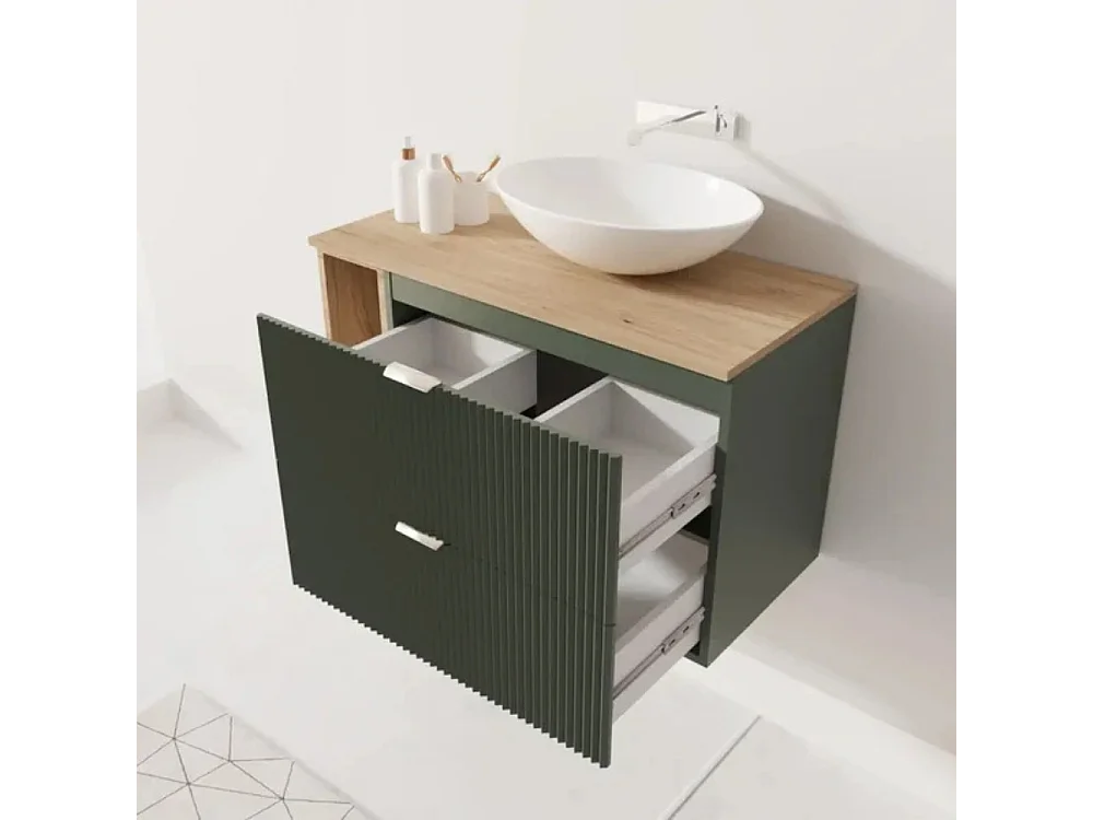 Meuble lavabo WENA, avec étagère, façades cannelées, Willy, 100x60x47 cm, Vert/Noyer