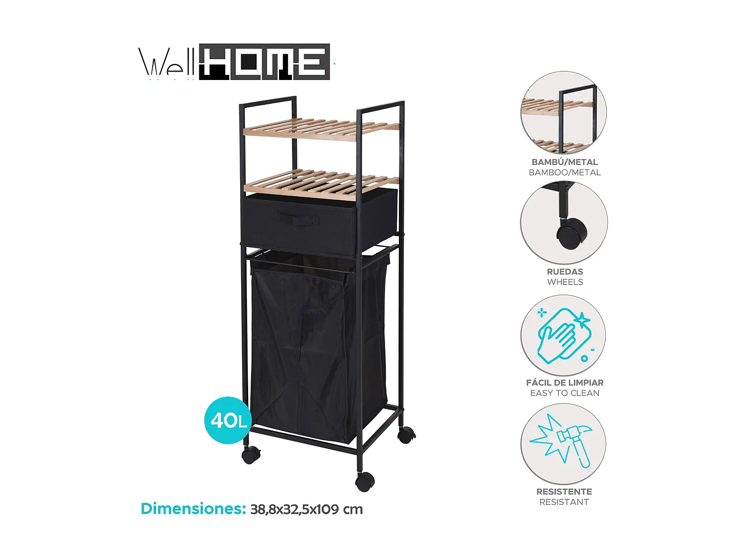 Well Home Porte-bagages avec 2 paniers + porte-bagages en polyester de 40 L, H.109 cm