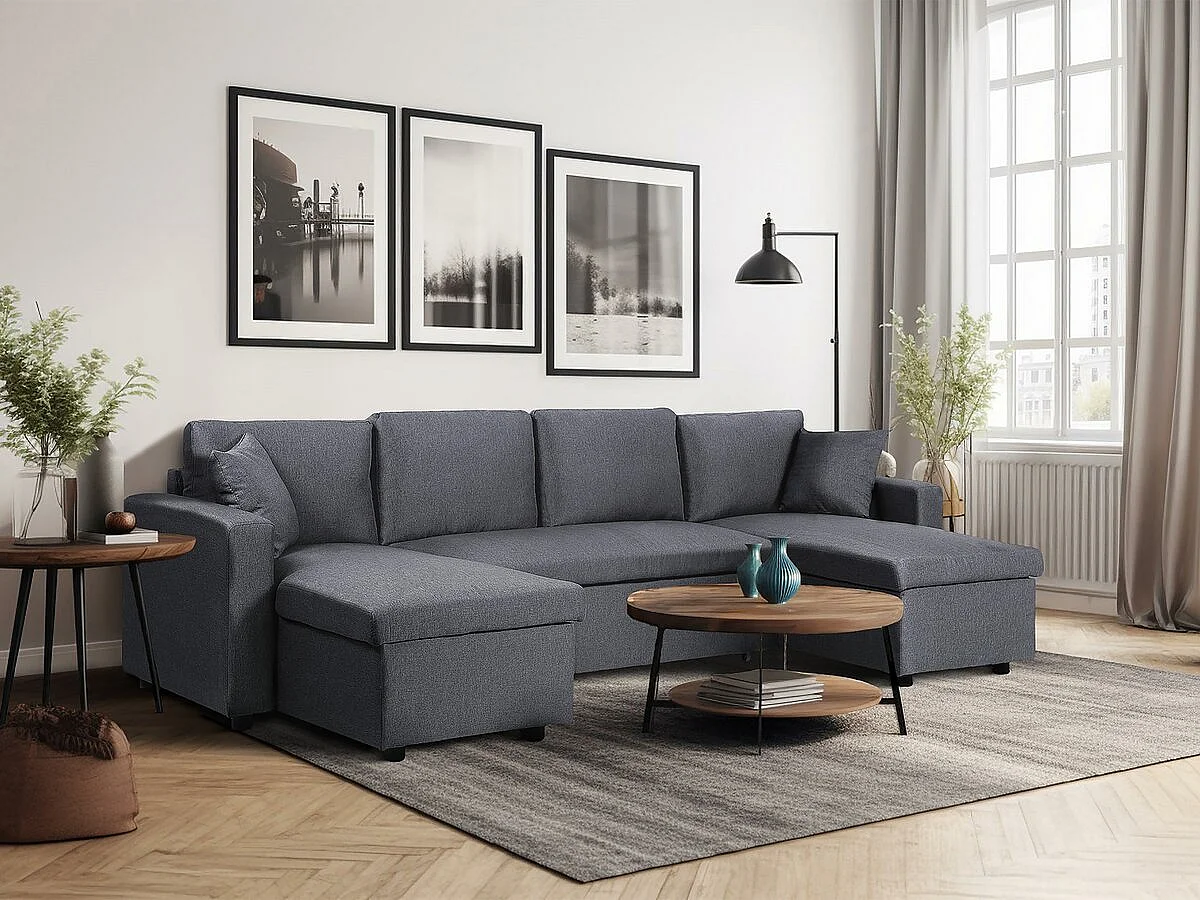 Divano d'angolo panoramico convertibile "Alain" Grigio - 3 posti - Meridiane con contenitori