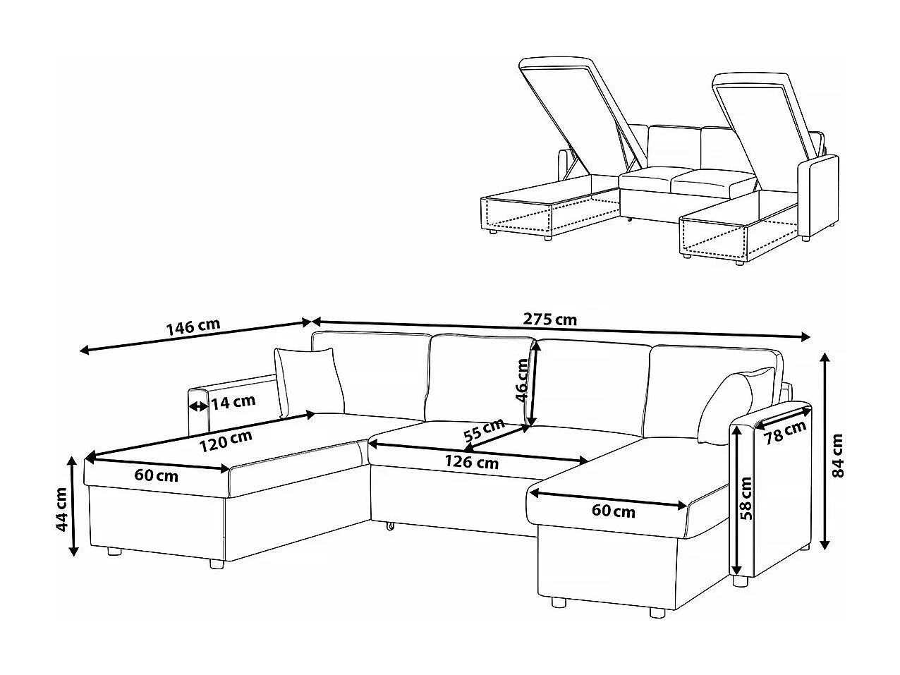Divano d'angolo panoramico convertibile "Alain" Grigio - 3 posti - Meridiane con contenitori